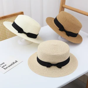 korean style straw hat for women with sun protection and beach hat british retro flat top small fresh top hat parent child hat for summer travel
