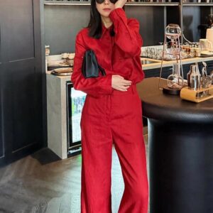 A complete set of super popular summer clothes, elegant and decent, light luxury, high-end European products, versatile red shirts, suits and pants for women