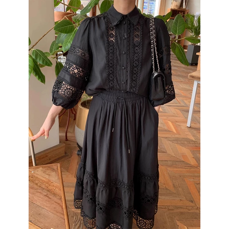 south korea's dongdaemun spring retro palace style hollow lace lantern sleeve shirt + high waisted a line skirt suit South Korea's Dongdaemun spring retro palace style hollow lace lantern sleeve shirt + high-waisted A-line skirt suit