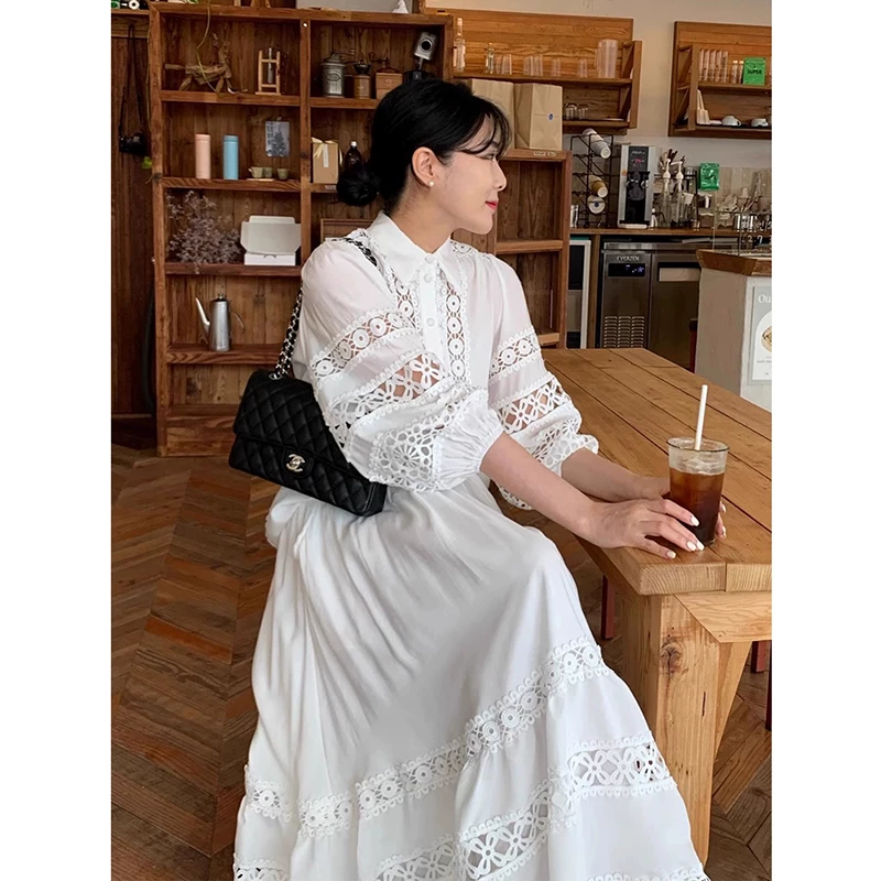 south korea's dongdaemun spring retro palace style hollow lace lantern sleeve shirt + high waisted a line skirt suit South Korea's Dongdaemun spring retro palace style hollow lace lantern sleeve shirt + high-waisted A-line skirt suit