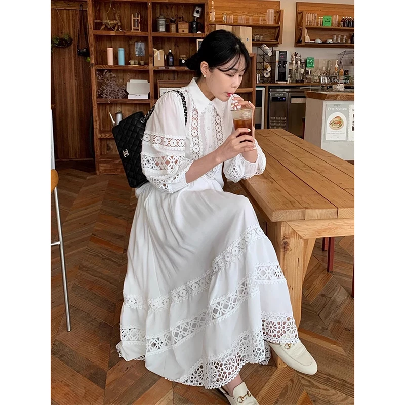 south korea's dongdaemun spring retro palace style hollow lace lantern sleeve shirt + high waisted a line skirt suit South Korea's Dongdaemun spring retro palace style hollow lace lantern sleeve shirt + high-waisted A-line skirt suit