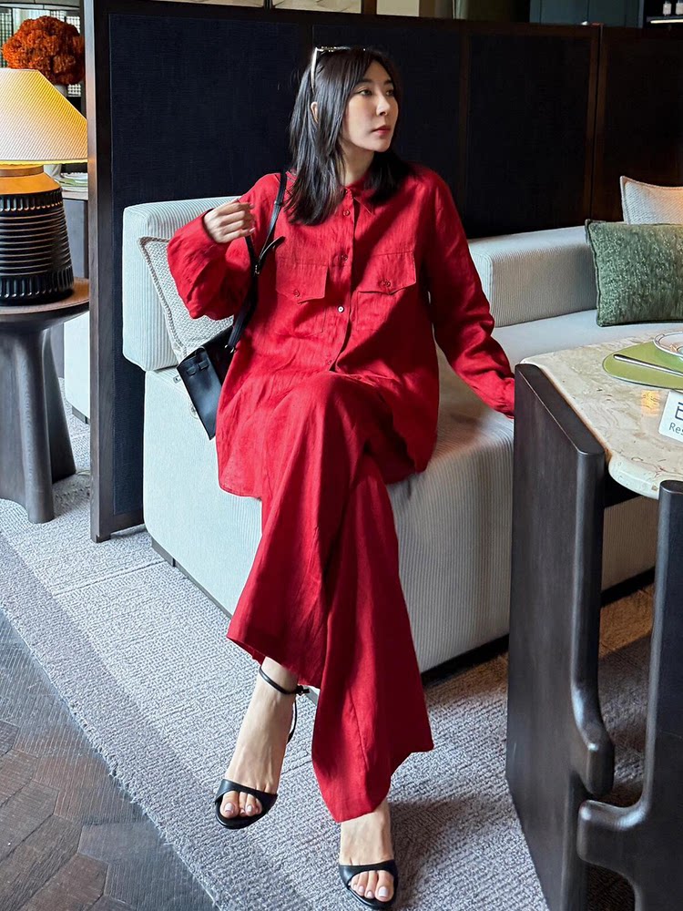 a complete set of super popular summer clothes, elegant and decent, light luxury, high end european products, versatile red shirts, suits and pants for women A complete set of super popular summer clothes, elegant and decent, light luxury, high-end European products, versatile red shirts, suits and pants for women