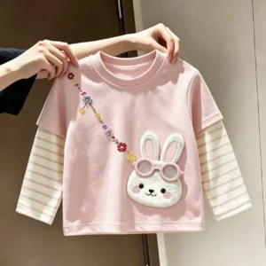 2026 DeRong Cute Cartoon Print Girls Fake Two-Piece T-Shirt Autumn Children's Long Sleeve Striped Shirt Top