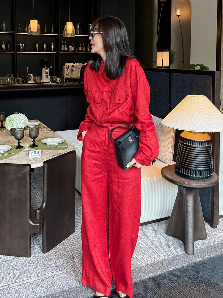 a complete set of super popular summer clothes, elegant and decent, light luxury, high end european products, versatile red shirts, suits and pants for women A complete set of super popular summer clothes, elegant and decent, light luxury, high-end European products, versatile red shirts, suits and pants for women
