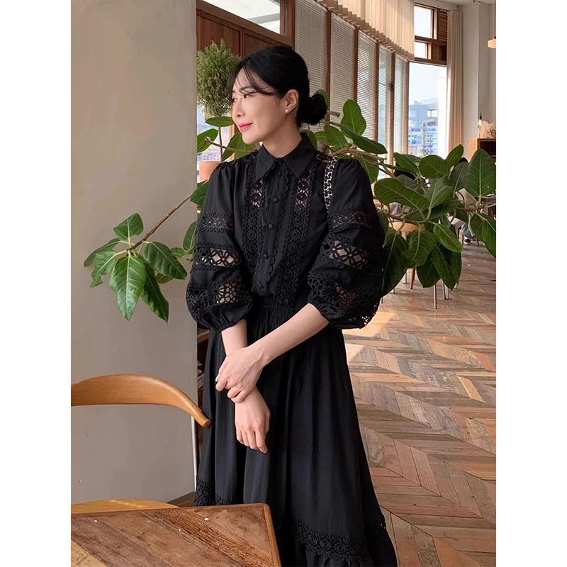 south korea's dongdaemun spring retro palace style hollow lace lantern sleeve shirt + high waisted a line skirt suit South Korea's Dongdaemun spring retro palace style hollow lace lantern sleeve shirt + high-waisted A-line skirt suit