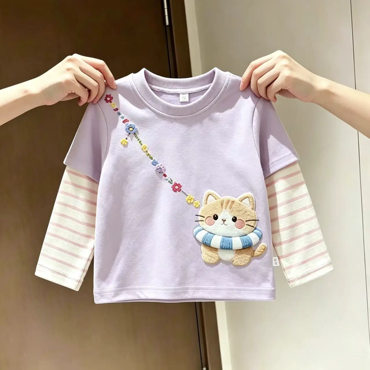 2026 derong cute cartoon print girls fake two piece t shirt autumn children's long sleeve striped shirt top 2026 DeRong Cute Cartoon Print Girls Fake Two-Piece T-Shirt Autumn Children's Long Sleeve Striped Shirt Top