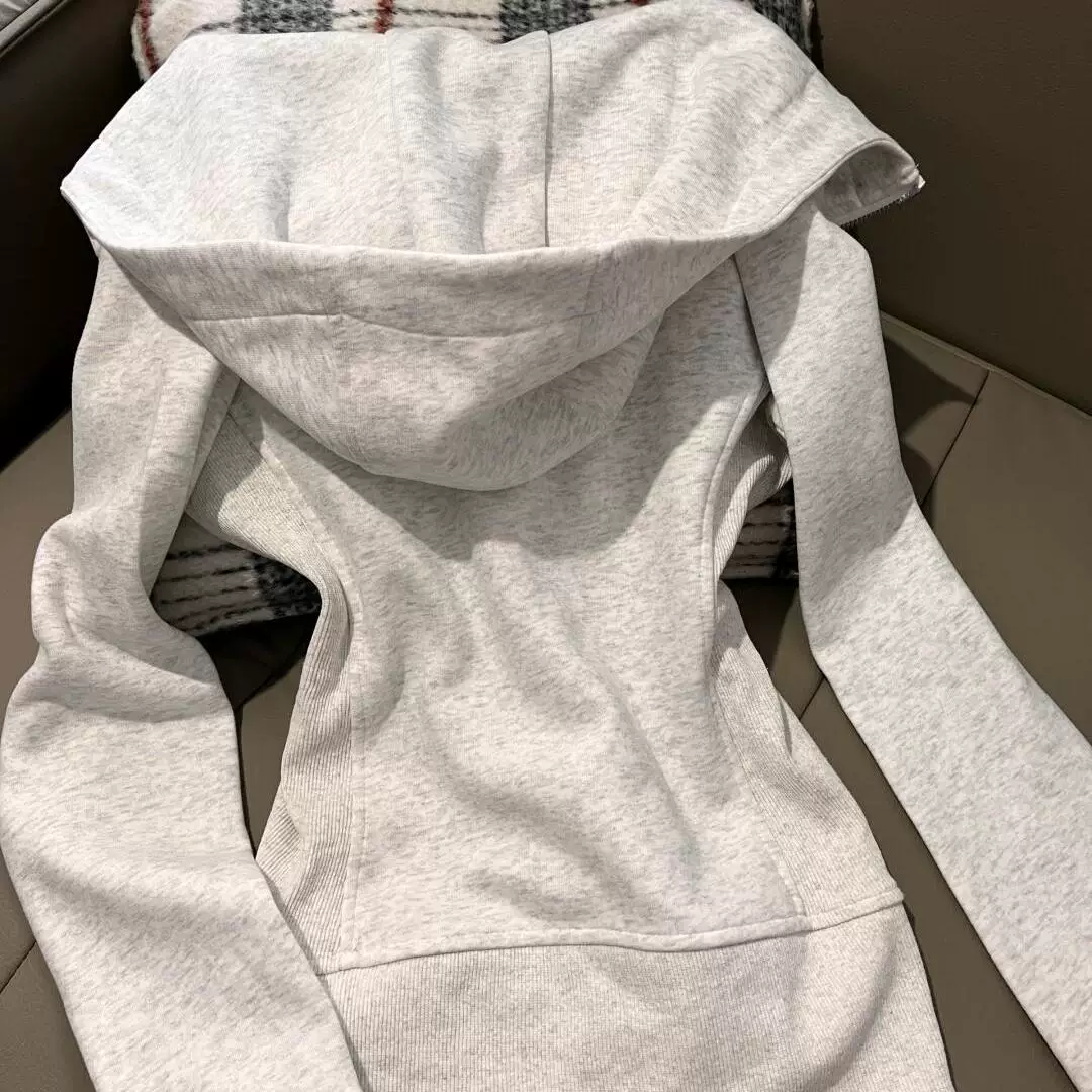 american gray right shoulder slim fit spring wear sweatshirt waist coat women's spring and autumn 2026 new hooded top American gray right shoulder slim fit spring wear sweatshirt waist coat women's spring and autumn 2026 new hooded top