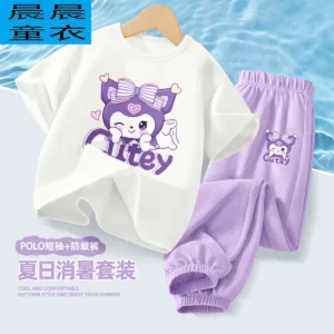 Pure cotton short-sleeved suit for children, casual Western-style fashionable T-shirt, anti-mosquito trousers, girls suit, new summer children's clothing