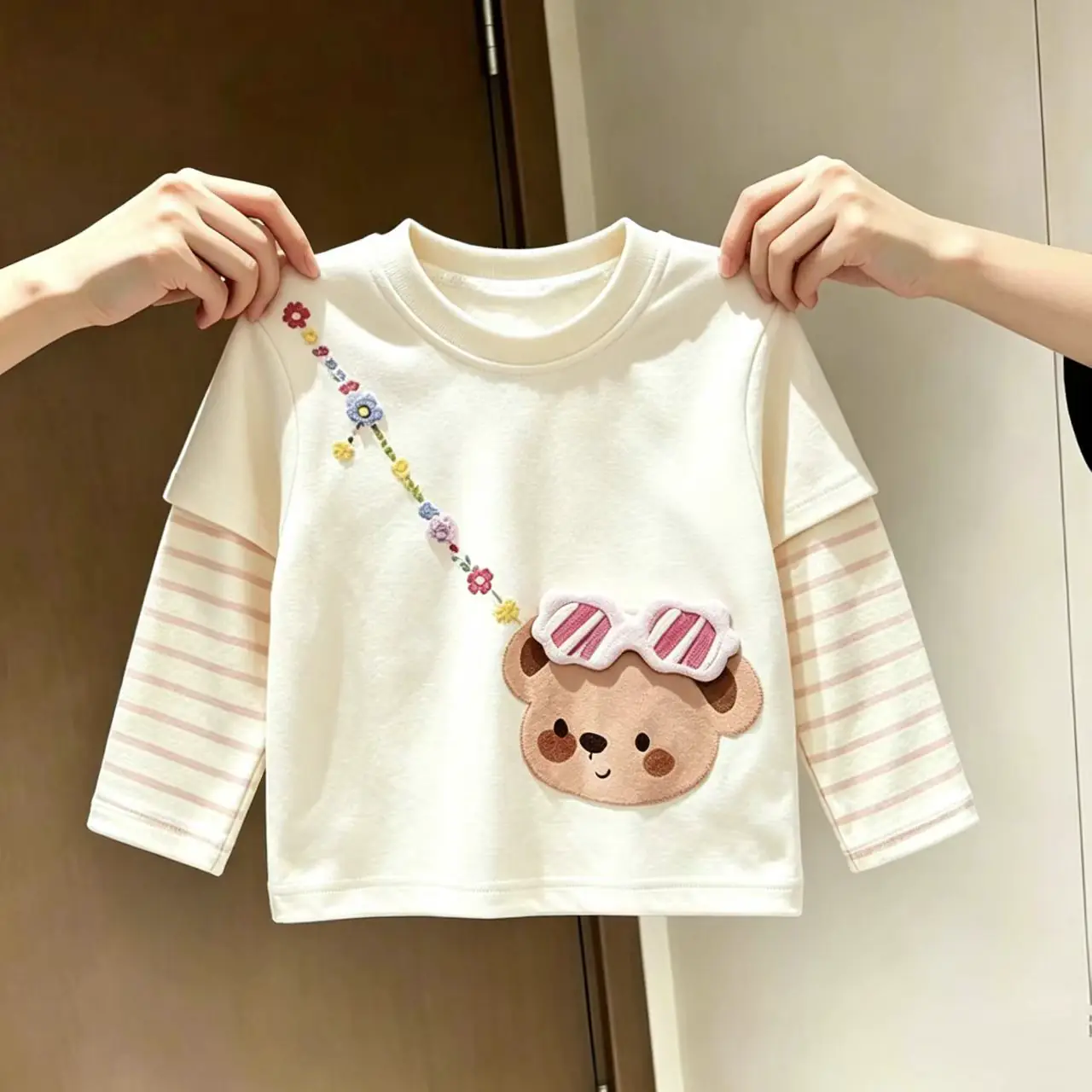 2026 derong cute cartoon print girls fake two piece t shirt autumn children's long sleeve striped shirt top 2026 DeRong Cute Cartoon Print Girls Fake Two-Piece T-Shirt Autumn Children's Long Sleeve Striped Shirt Top